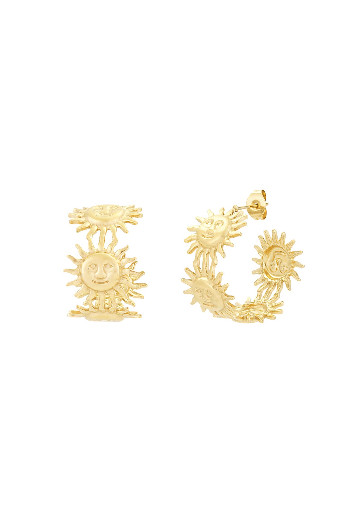 Gold-tone hoop earrings with playful sun face motifs displayed on white background