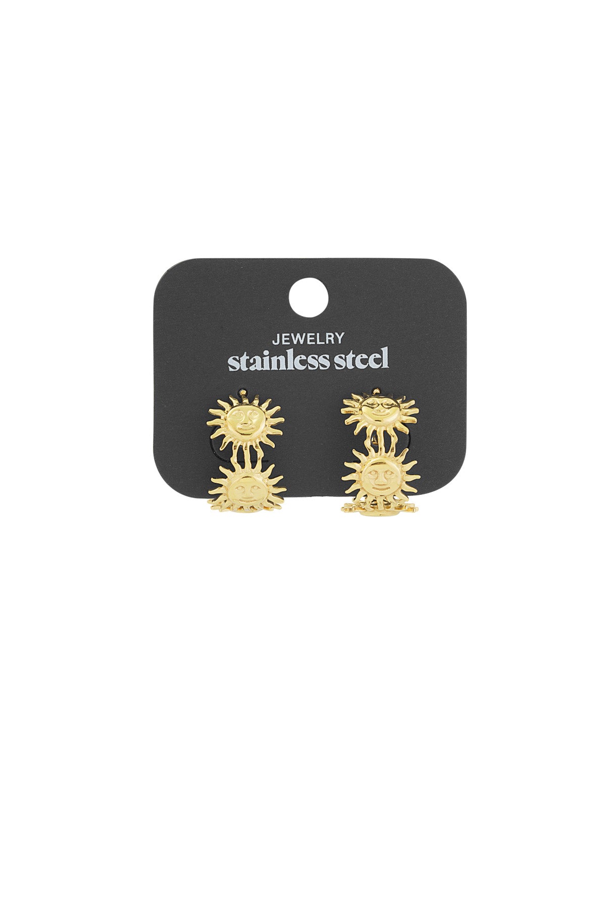 Gold-tone sun motif hoop earrings attached to black retail card labeled stainless steel jewelry
