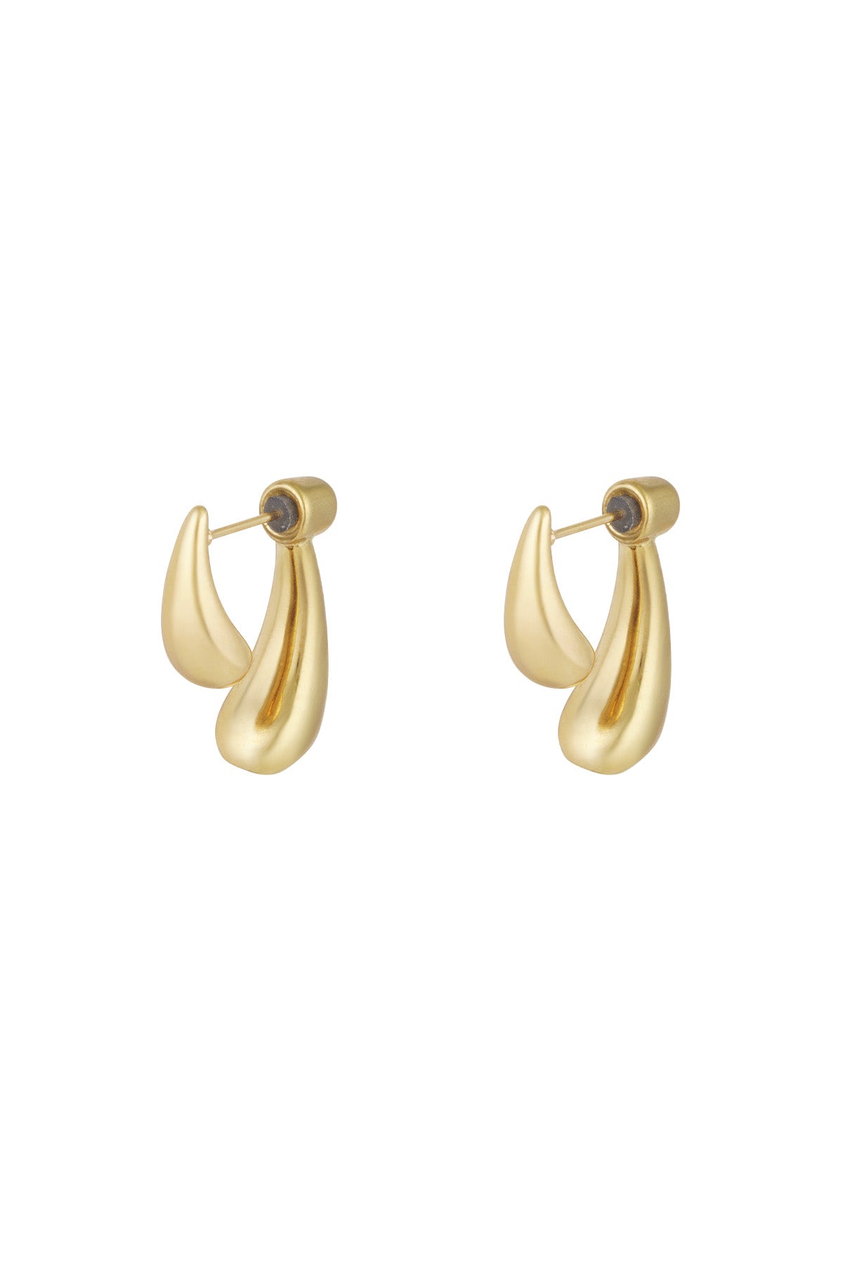Gold sculptural stud earrings with abstract teardrop shapes on white background