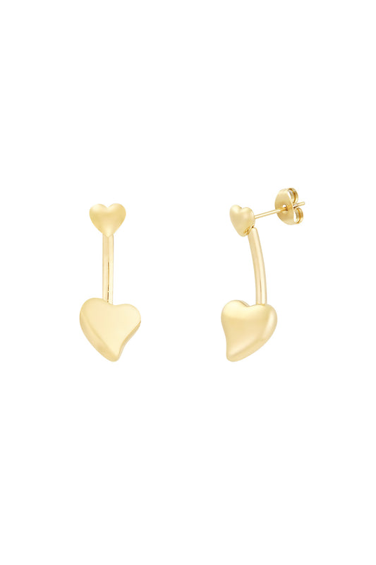 Close-up of gold double heart drop earrings with small heart stud and larger heart drop