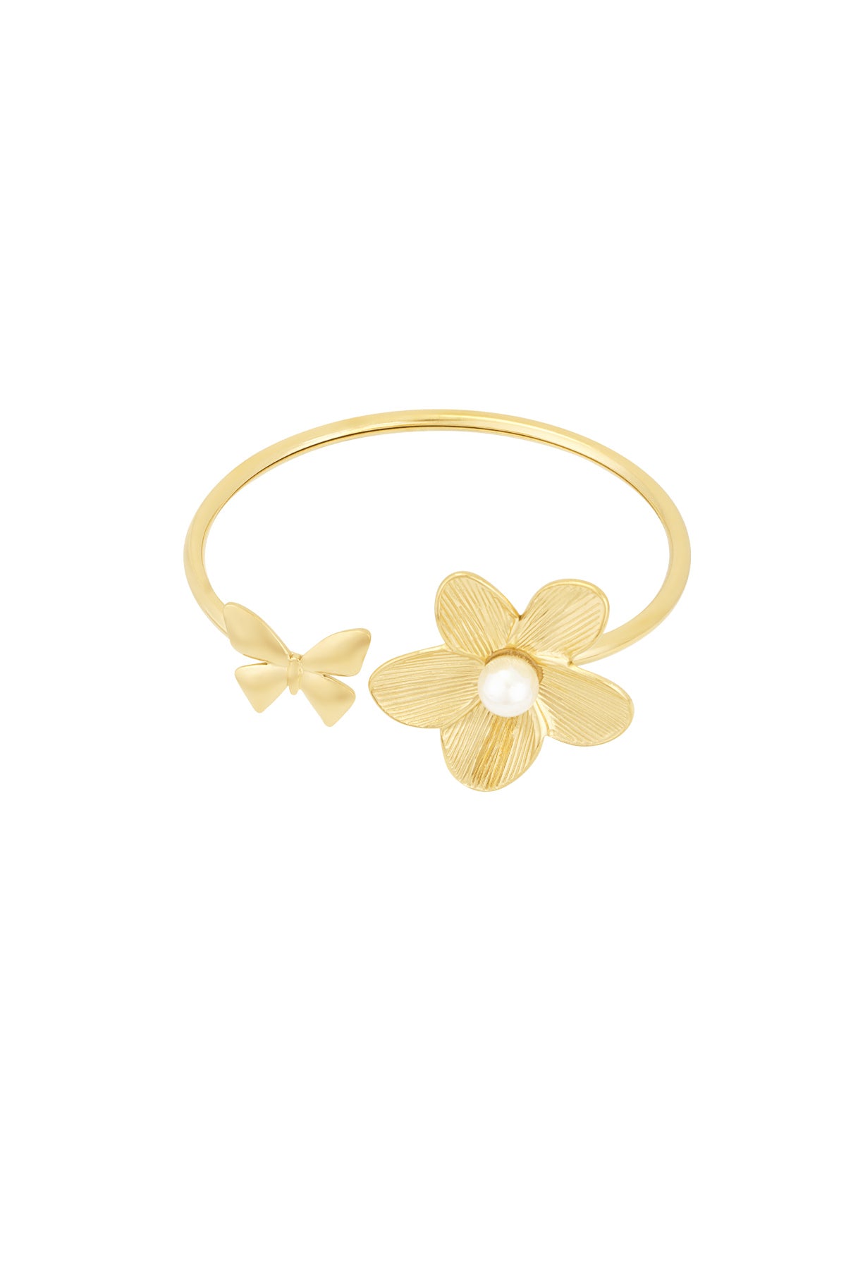 Gold cuff bracelet with butterfly and flower design featuring a pearl center on white background