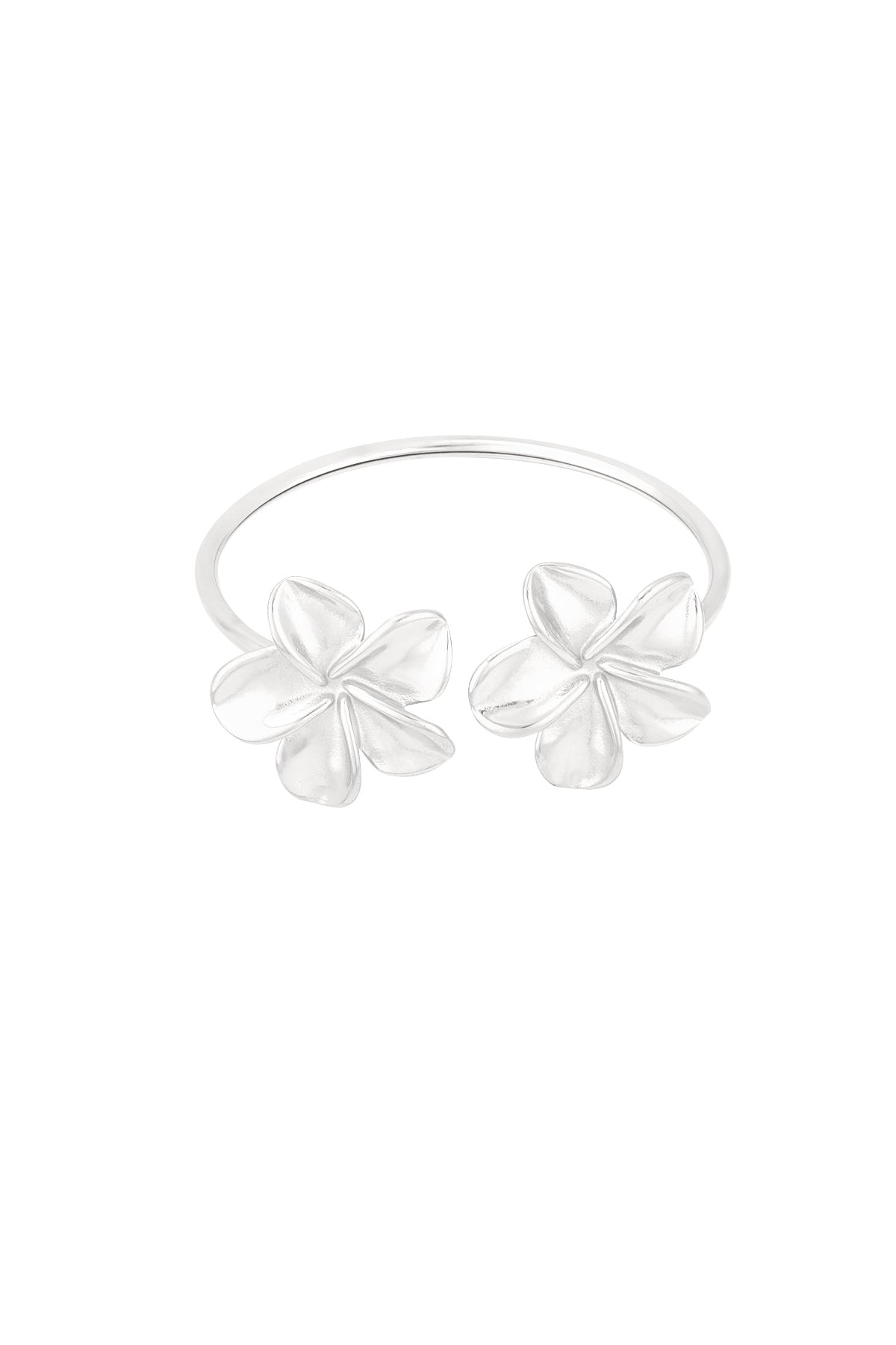 Silver-tone open cuff bracelet featuring two polished flower accents against white background