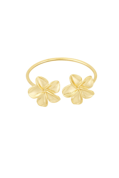 Gold-tone open cuff bracelet with two polished flower accents