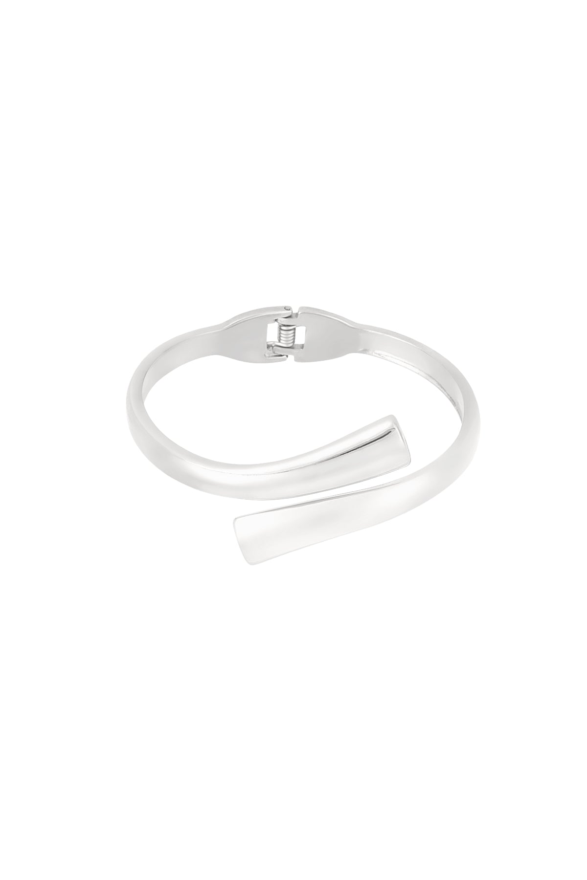 Silver spiral-shaped cuff bracelet with hinged clasp on white background