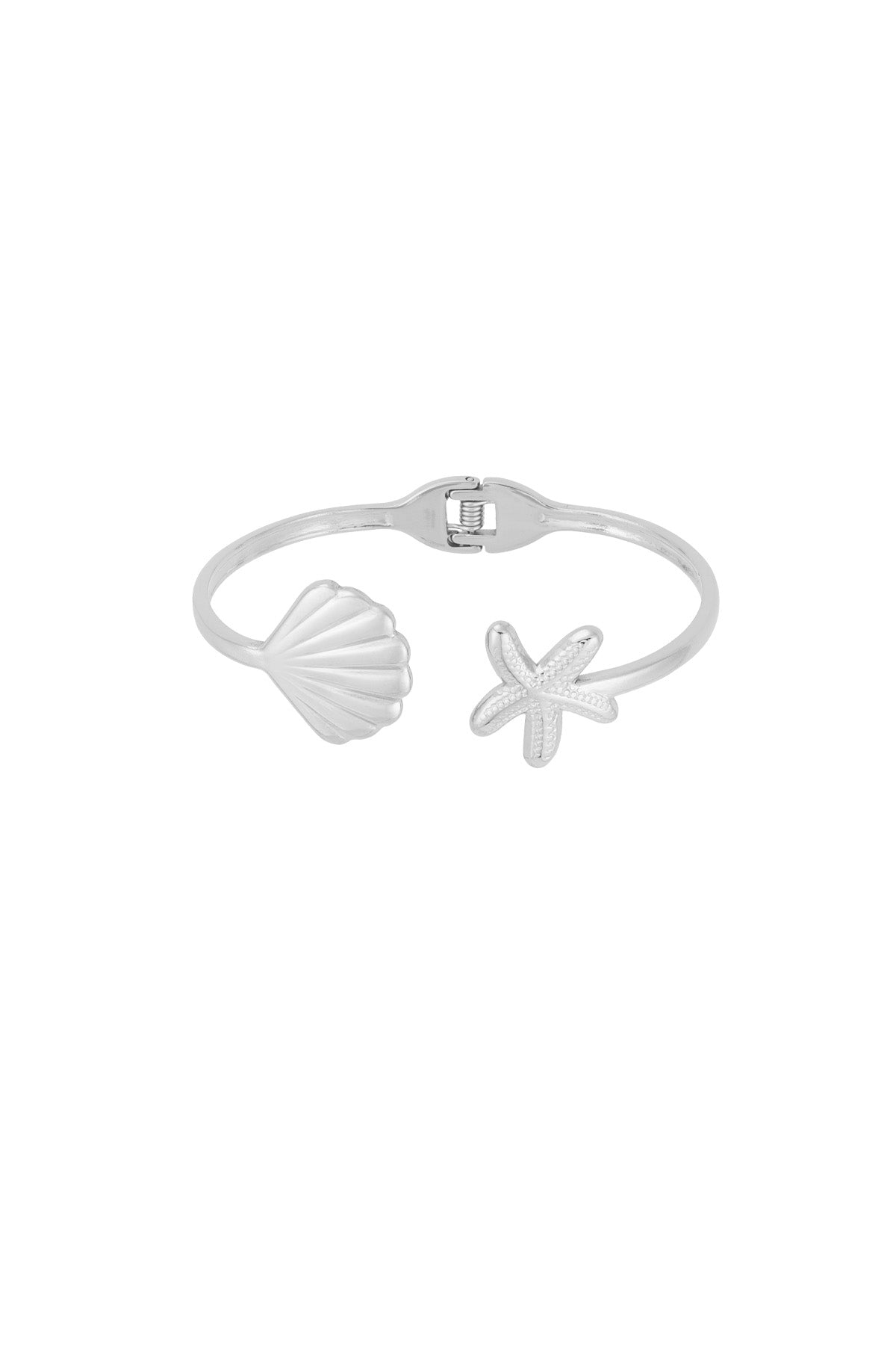 Silver cuff bracelet with starfish and seashell charms on each end against white background