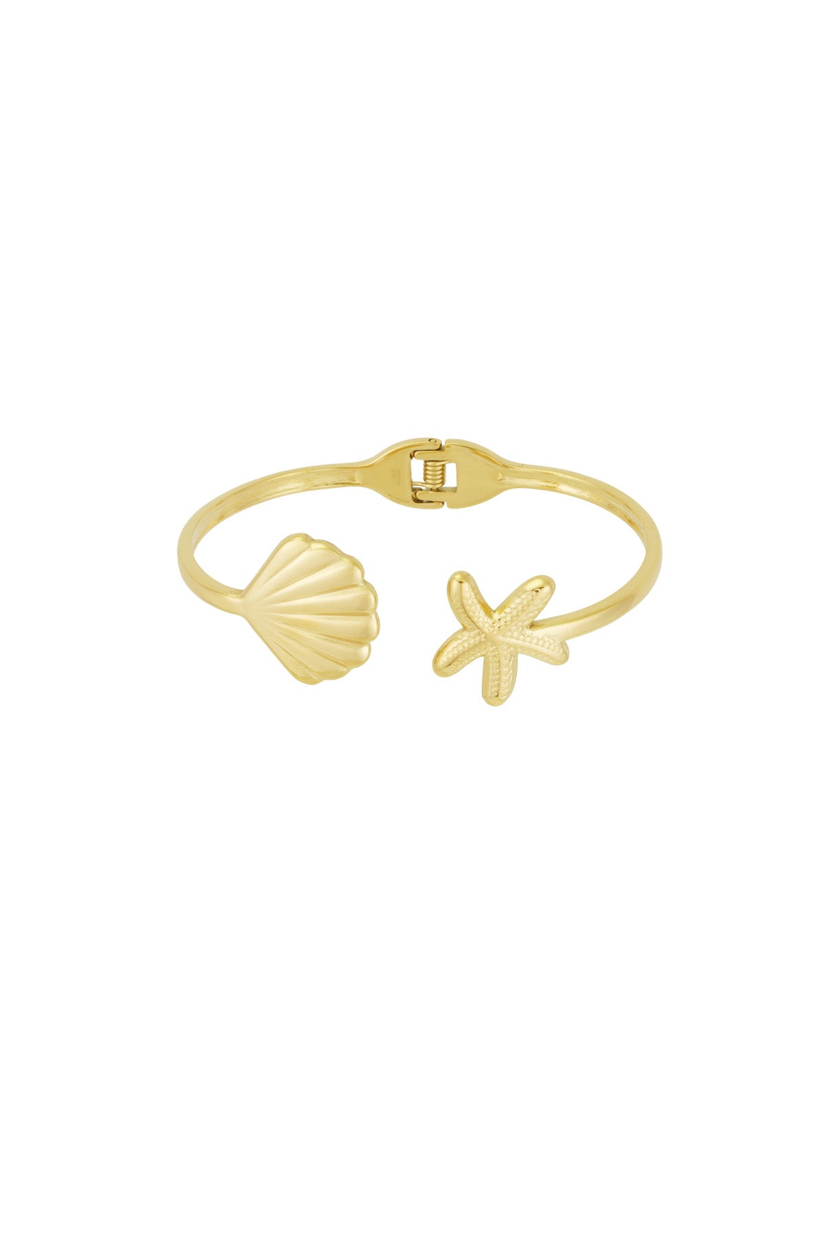 Gold cuff bracelet with starfish and seashell charms on each end against white background