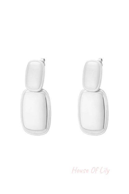 Pair of modern double drop earrings in shiny silver with two stacked rectangular shapes