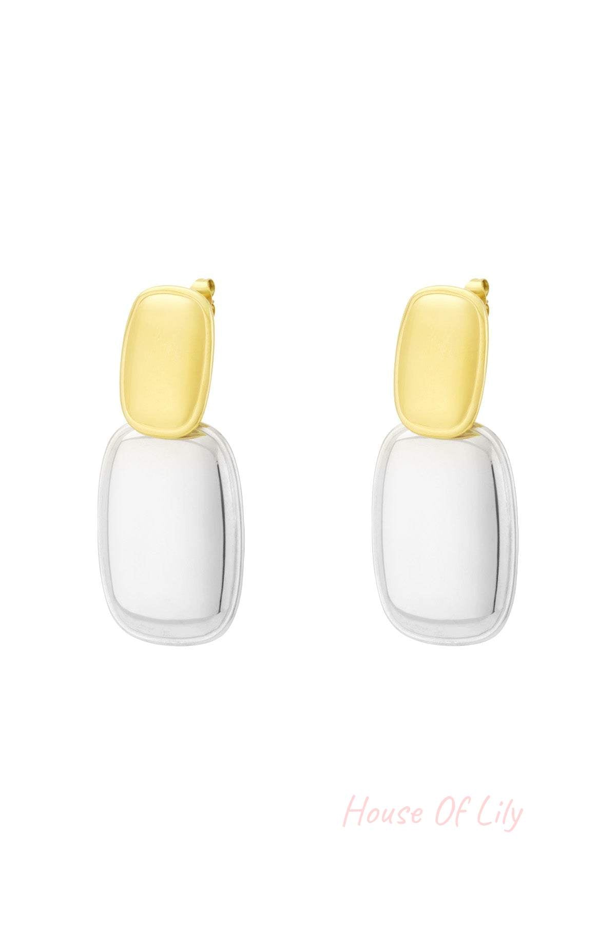 Pair of modern double drop earrings with a gold top rectangle and silver bottom rectangle in two-tone design