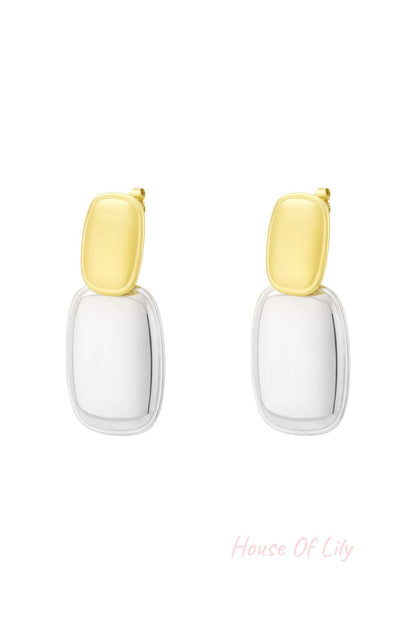 Pair of modern double drop earrings with a gold top rectangle and silver bottom rectangle in two-tone design
