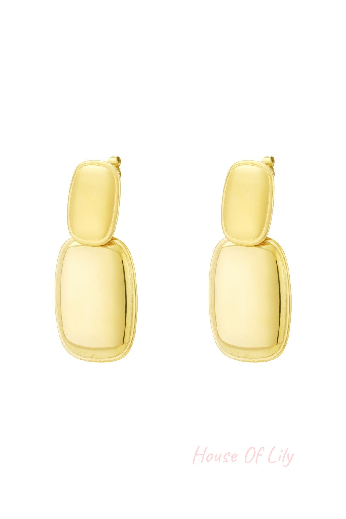 Pair of modern double drop earrings in shiny gold with two stacked rectangular shapes