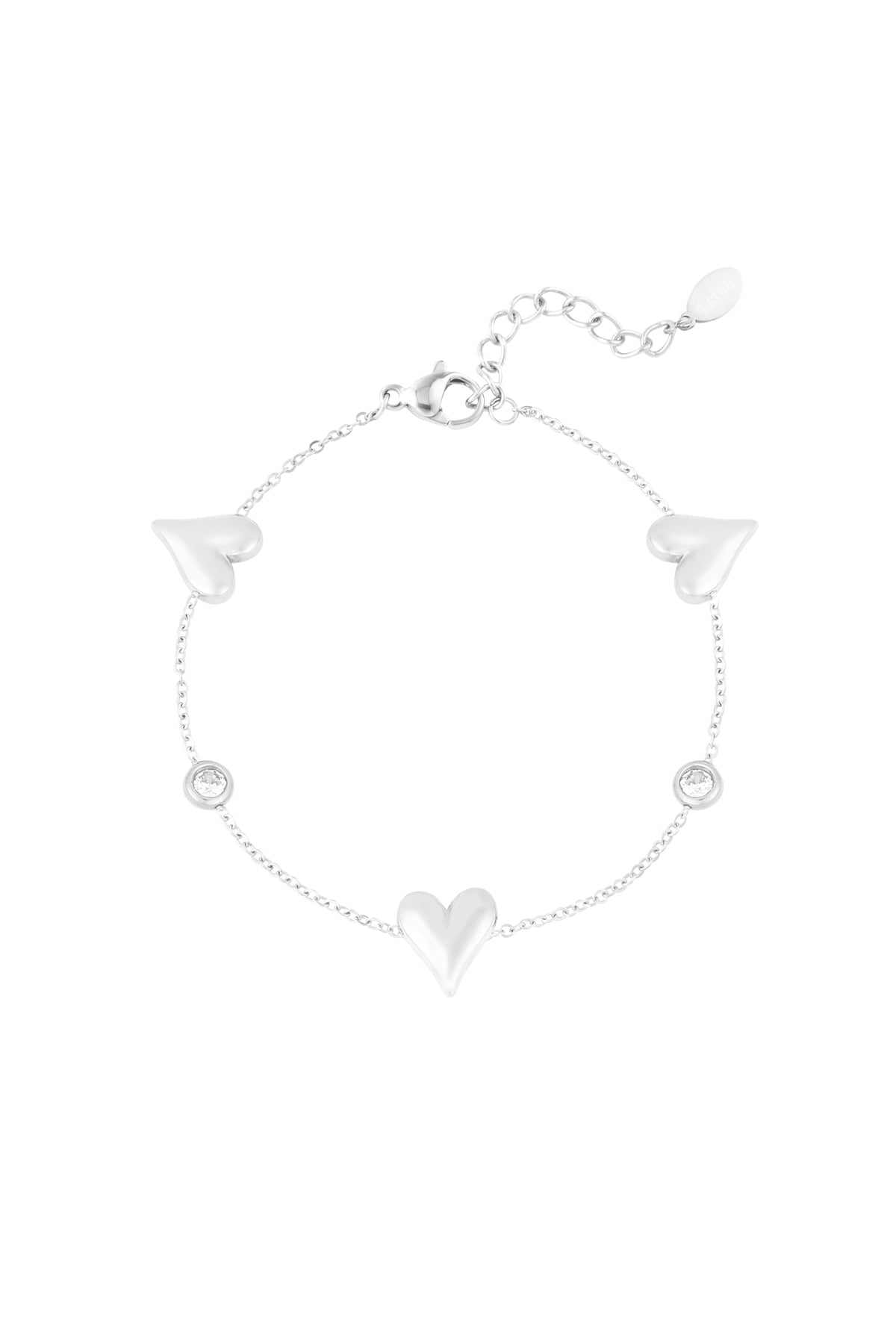 Silver tone stainless steel bracelet featuring heart charms and crystal accents shown on white background
