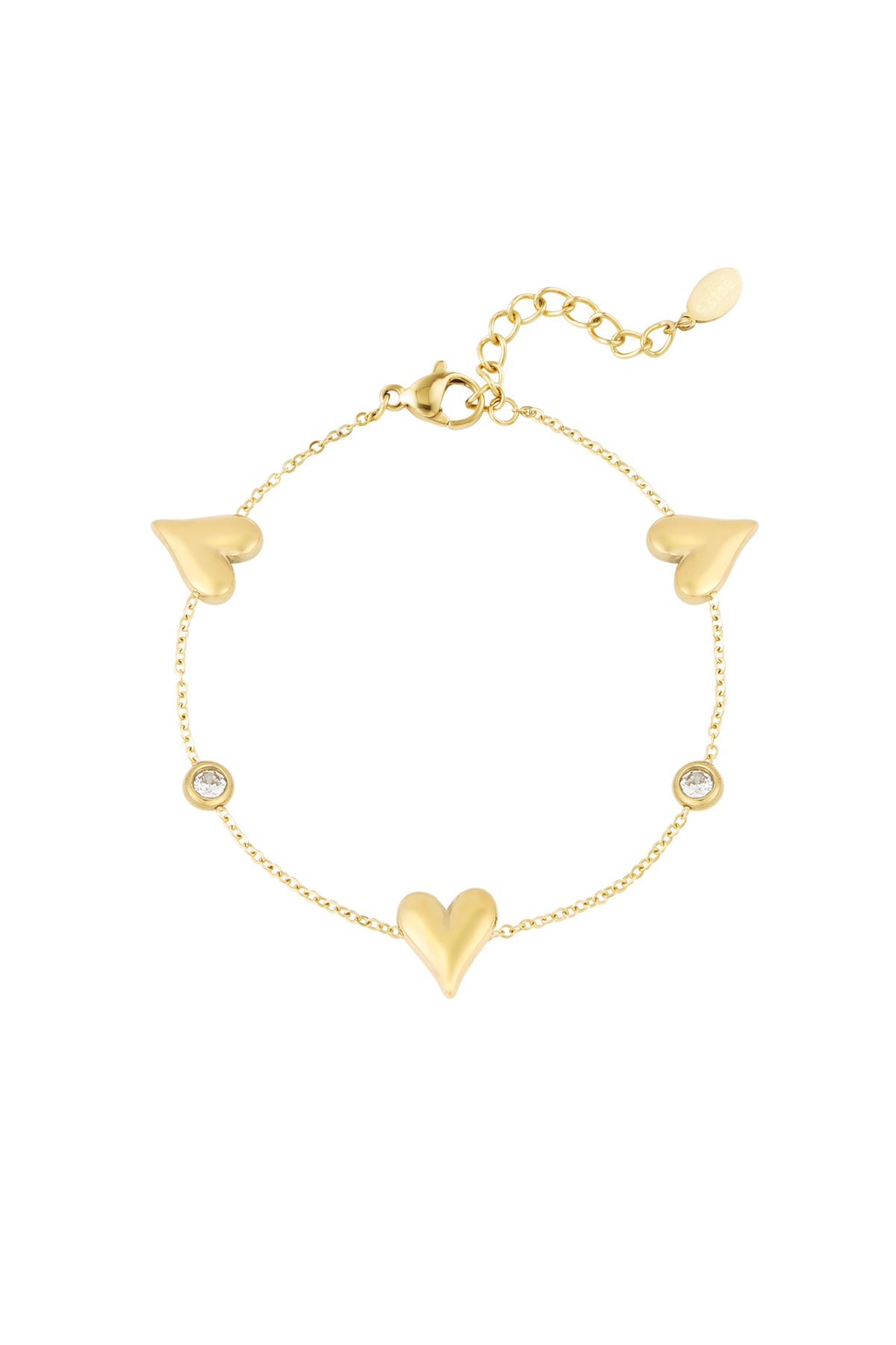 Gold tone stainless steel bracelet with three heart charms and two round crystal accents