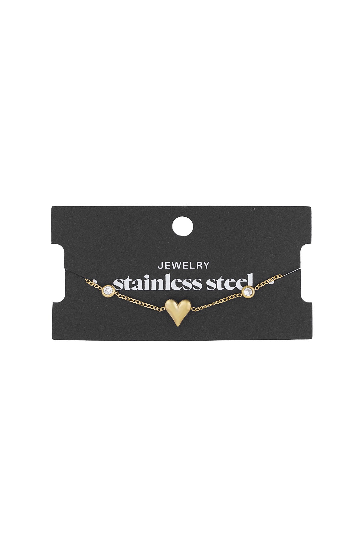 Gold tone heart charm bracelet displayed on black card labelled 'stainless steel jewelry'