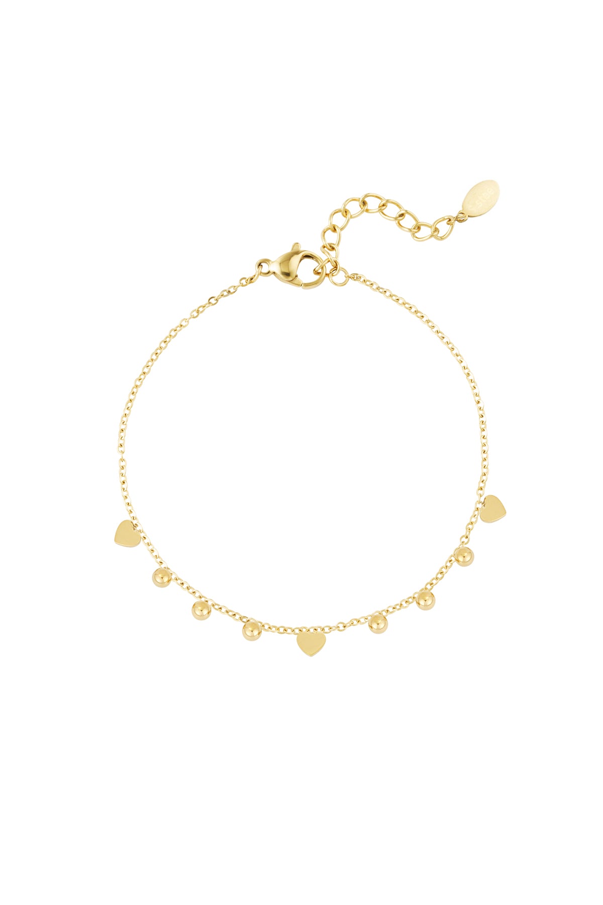 Gold-tone stainless steel bracelet with small heart and bead charms on adjustable chain