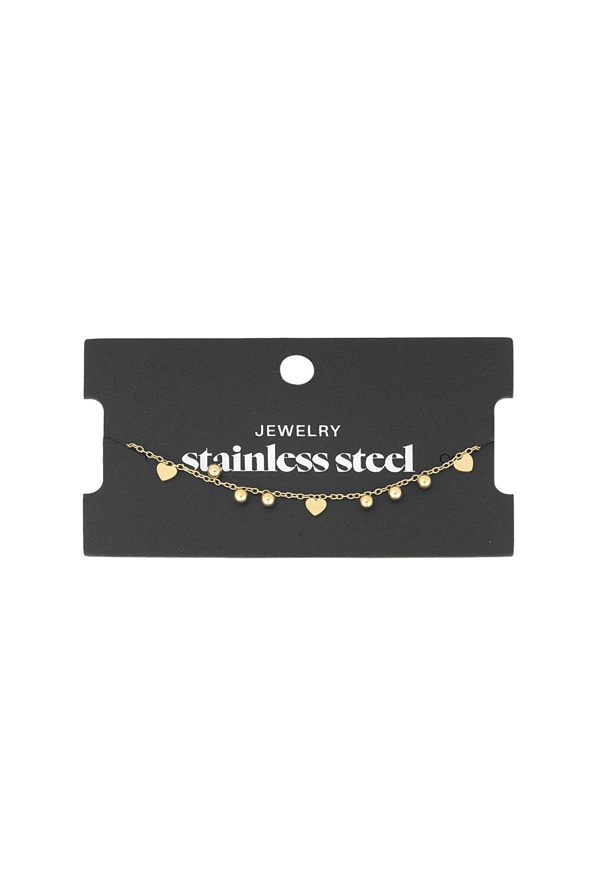 Heart charm bracelet displayed on a black card labelled stainless steel jewellery