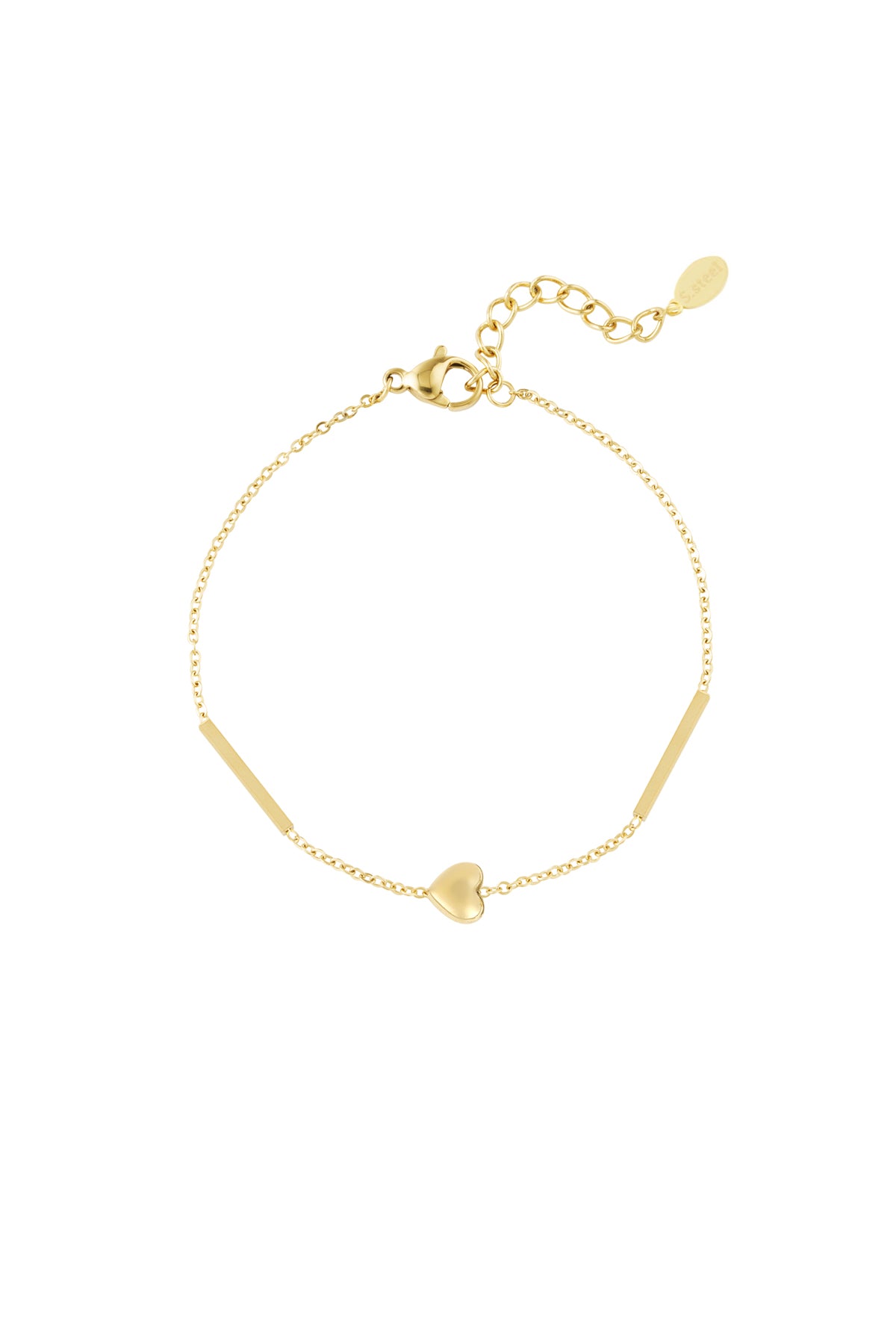 Delicate gold heart charm bracelet with fine chain and bar details laid flat on white background