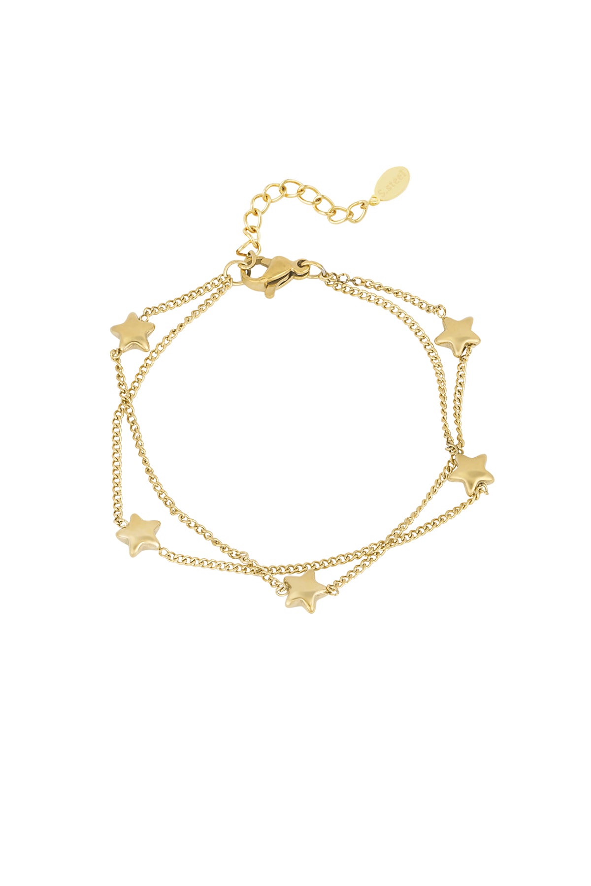 Gold-tone double chain bracelet adorned with small star charms on white background