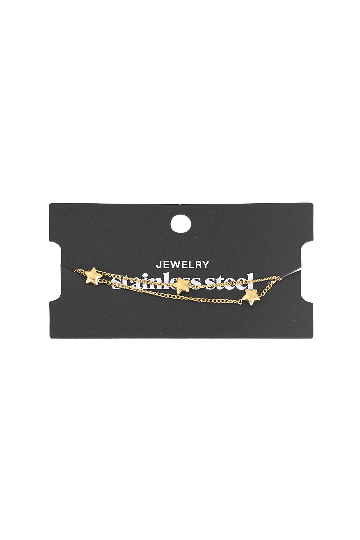 Gold star charm double chain bracelet displayed on black jewellery card with 'sprinkle steel' branding