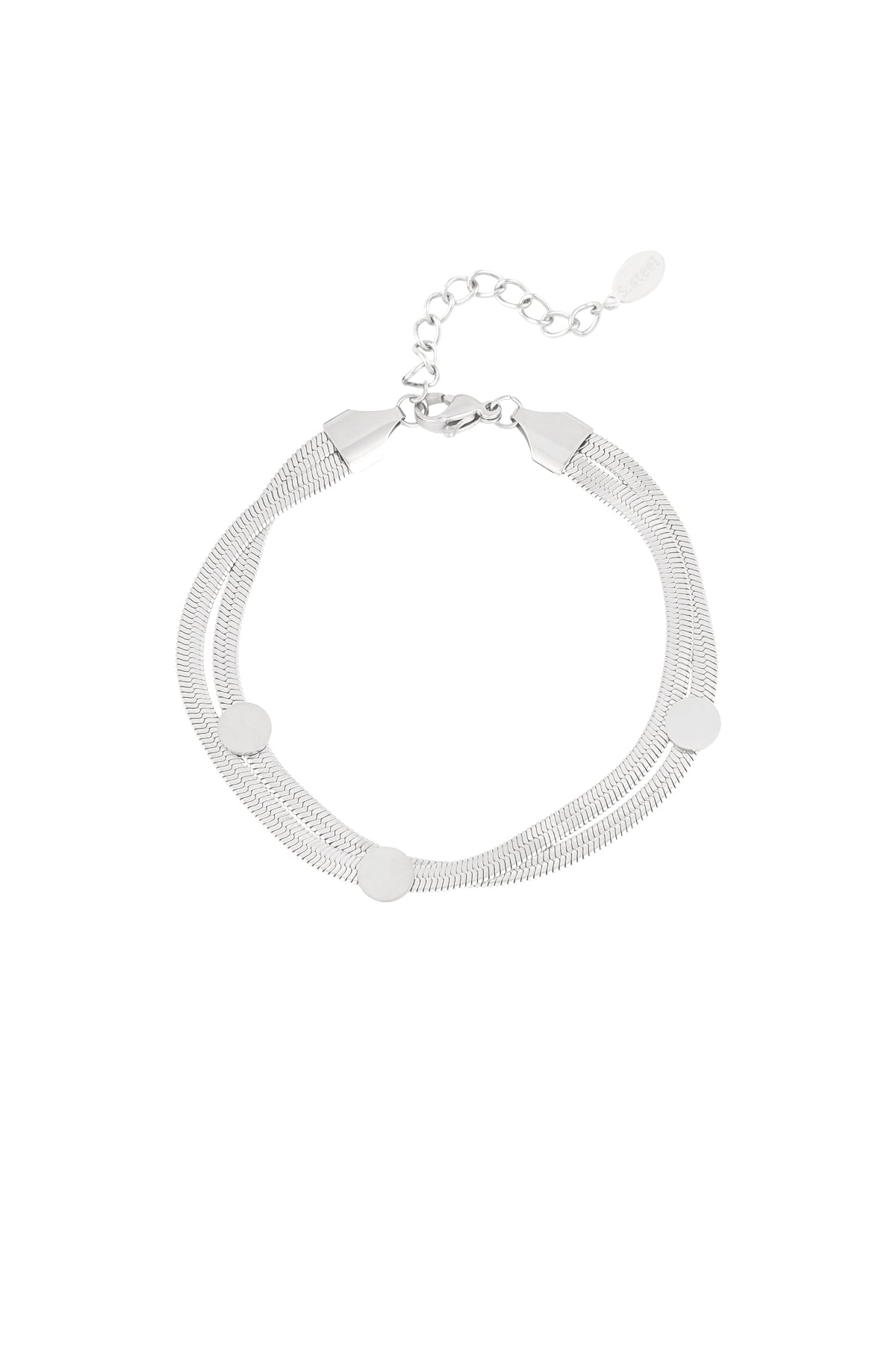 Silver-tone stainless steel flat chain bracelet with three round dot accents and adjustable clasp on white background