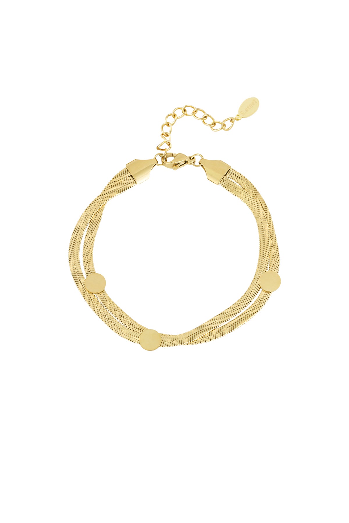 Close-up of a gold-tone stainless steel flat chain bracelet with three round dot accents and adjustable clasp