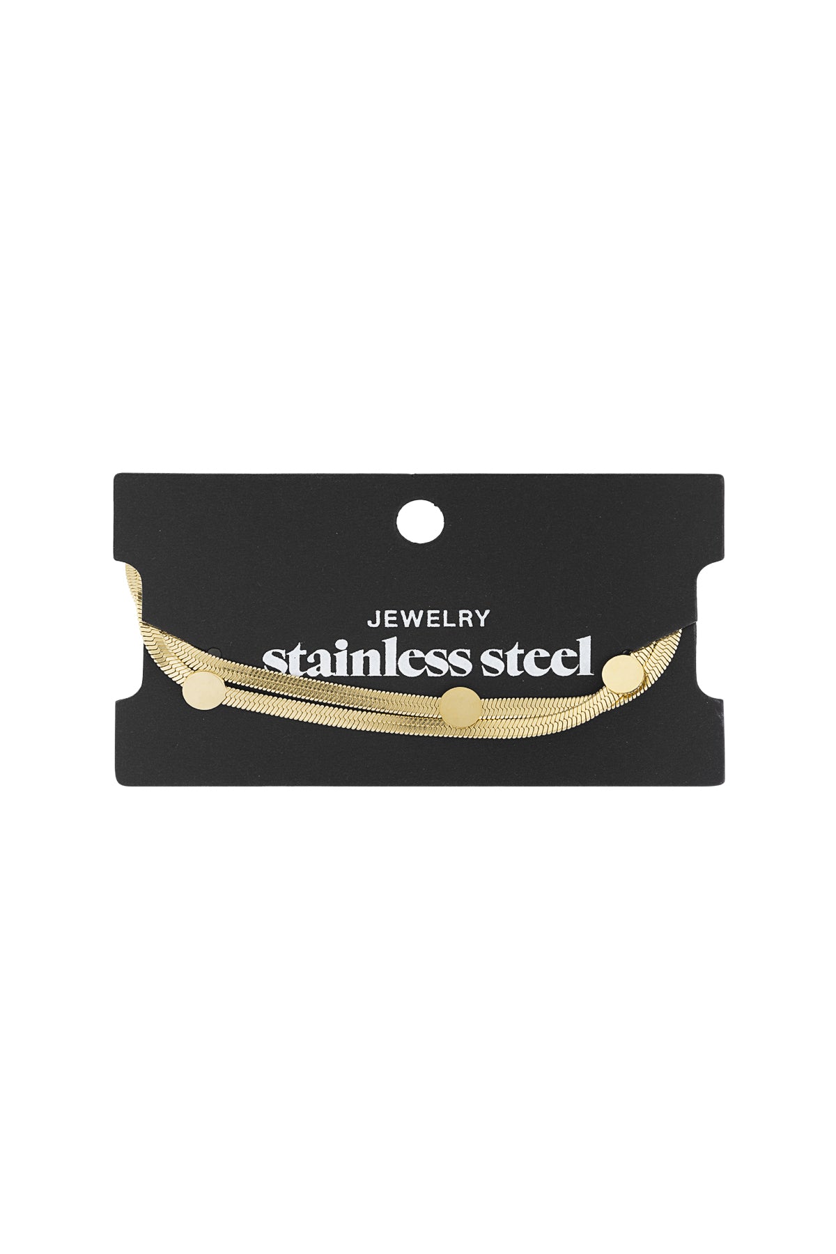 Gold-tone stainless steel flat chain bracelet with dot accents displayed on black card labelled stainless steel jewellery