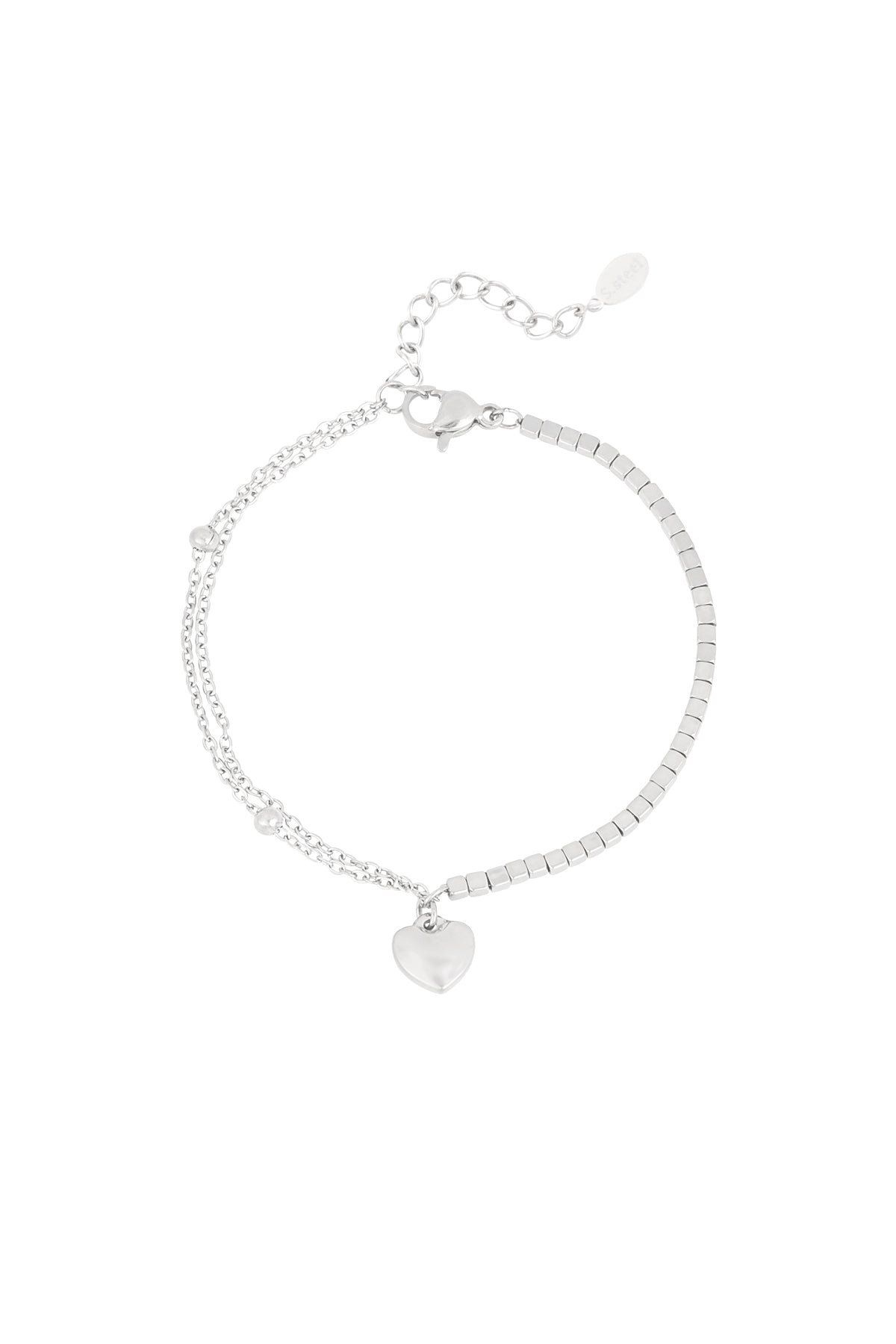 Silver stainless steel heart charm bracelet with mixed chain and square beads design on white background