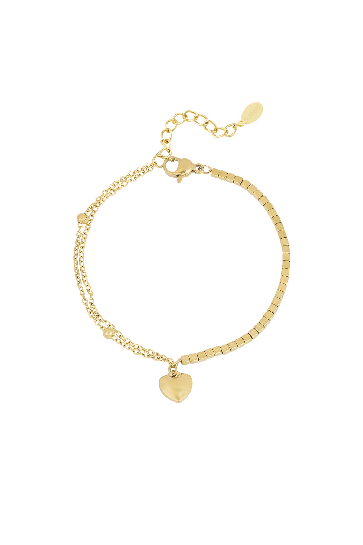 Gold stainless steel heart charm bracelet with mixed chain and square beads design on white background