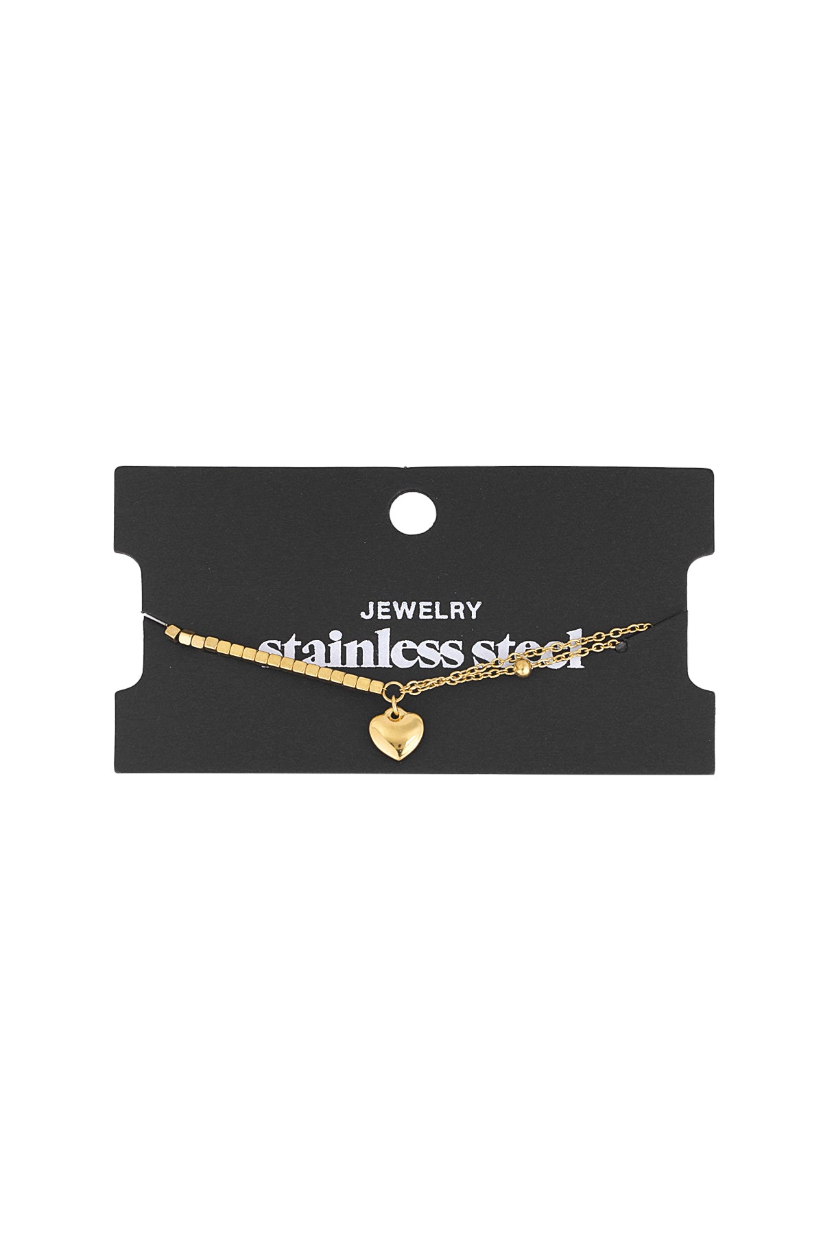 Gold heart charm bracelet displayed on black stainless steel jewellery card
