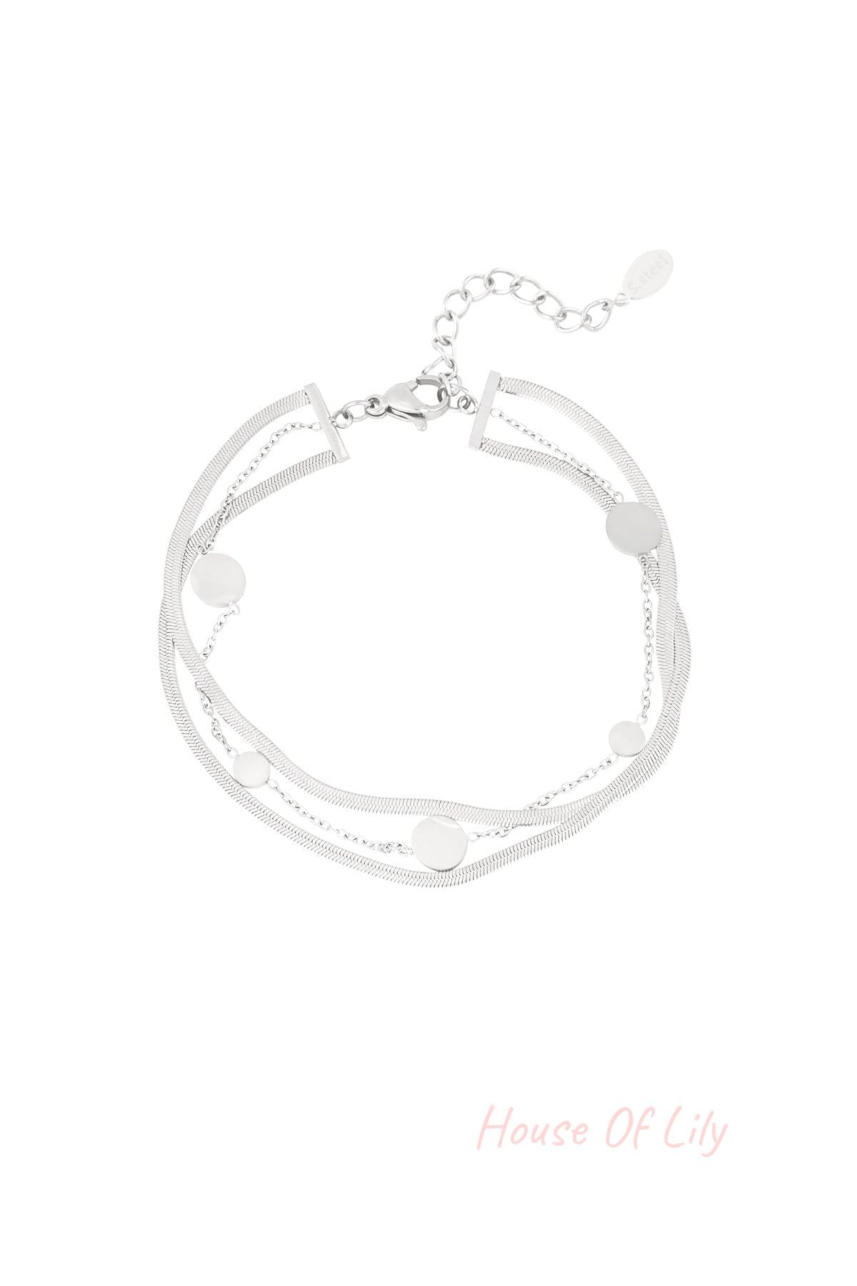 Silver-tone stainless steel bracelet featuring layered chains and round coin charms laid flat on white background