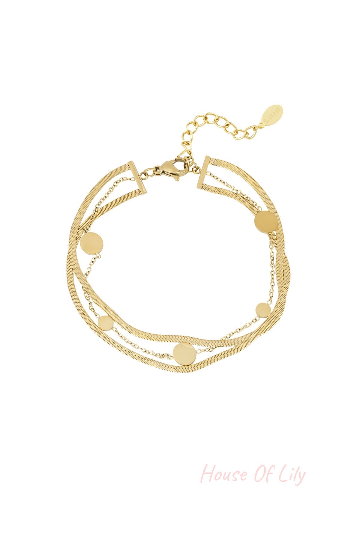 Close-up of gold-tone stainless steel bracelet with layered chains and small round coin charms against white background