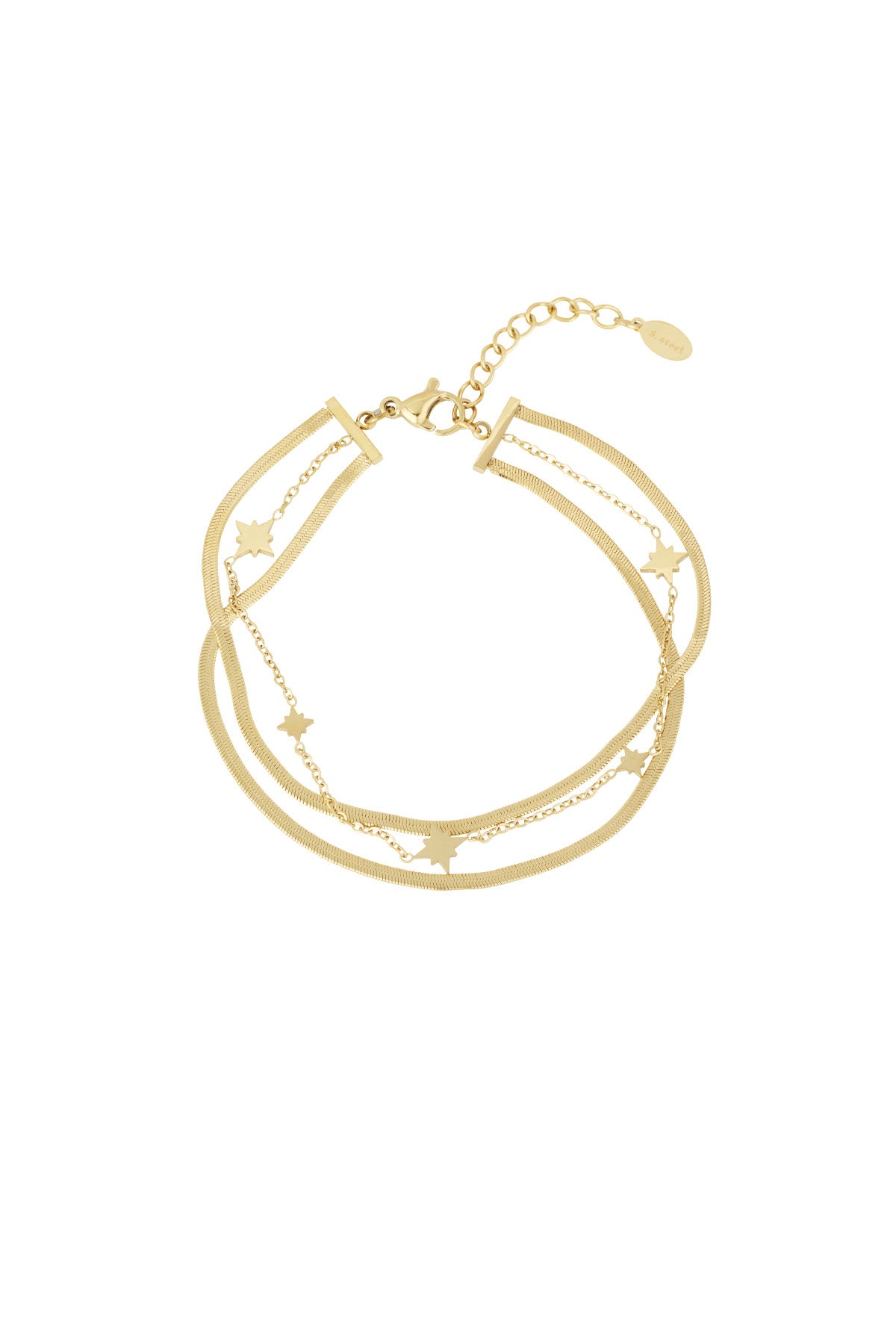 Gold-toned multi-layered bracelet with star-shaped charms and fine chains laid flat on white background