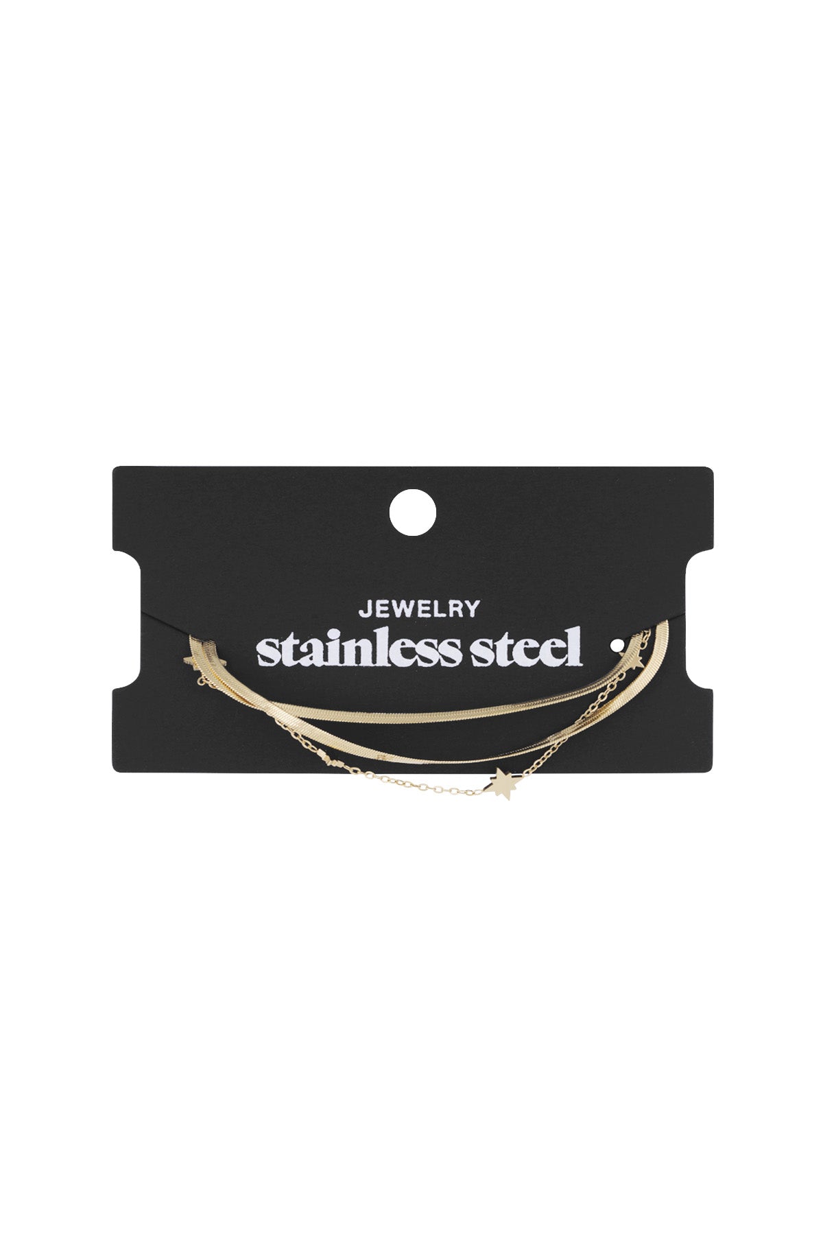 Black packaging card with ‘stainless steel jewellery’ text holding the gold layered star charm bracelet