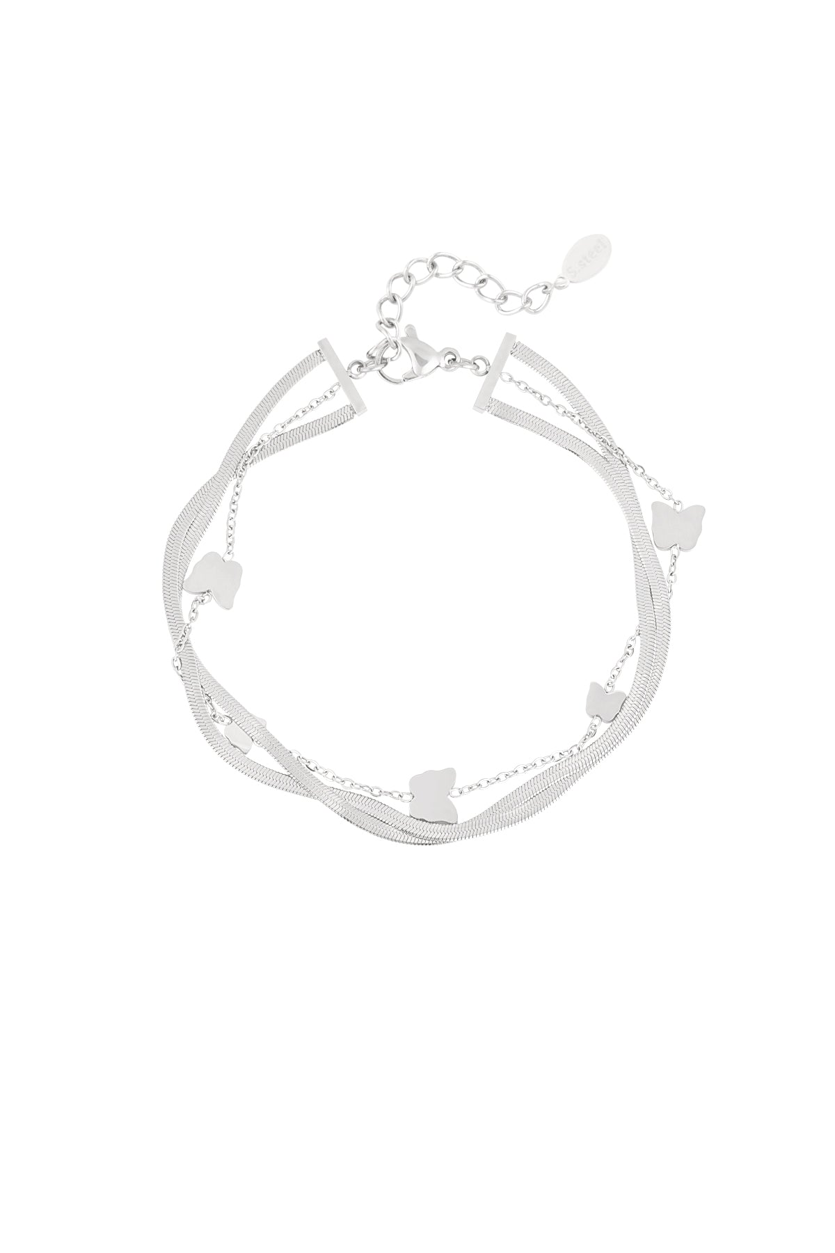 Silver version of the butterfly charm bracelet featuring layered delicate chains and butterfly charms, on white background