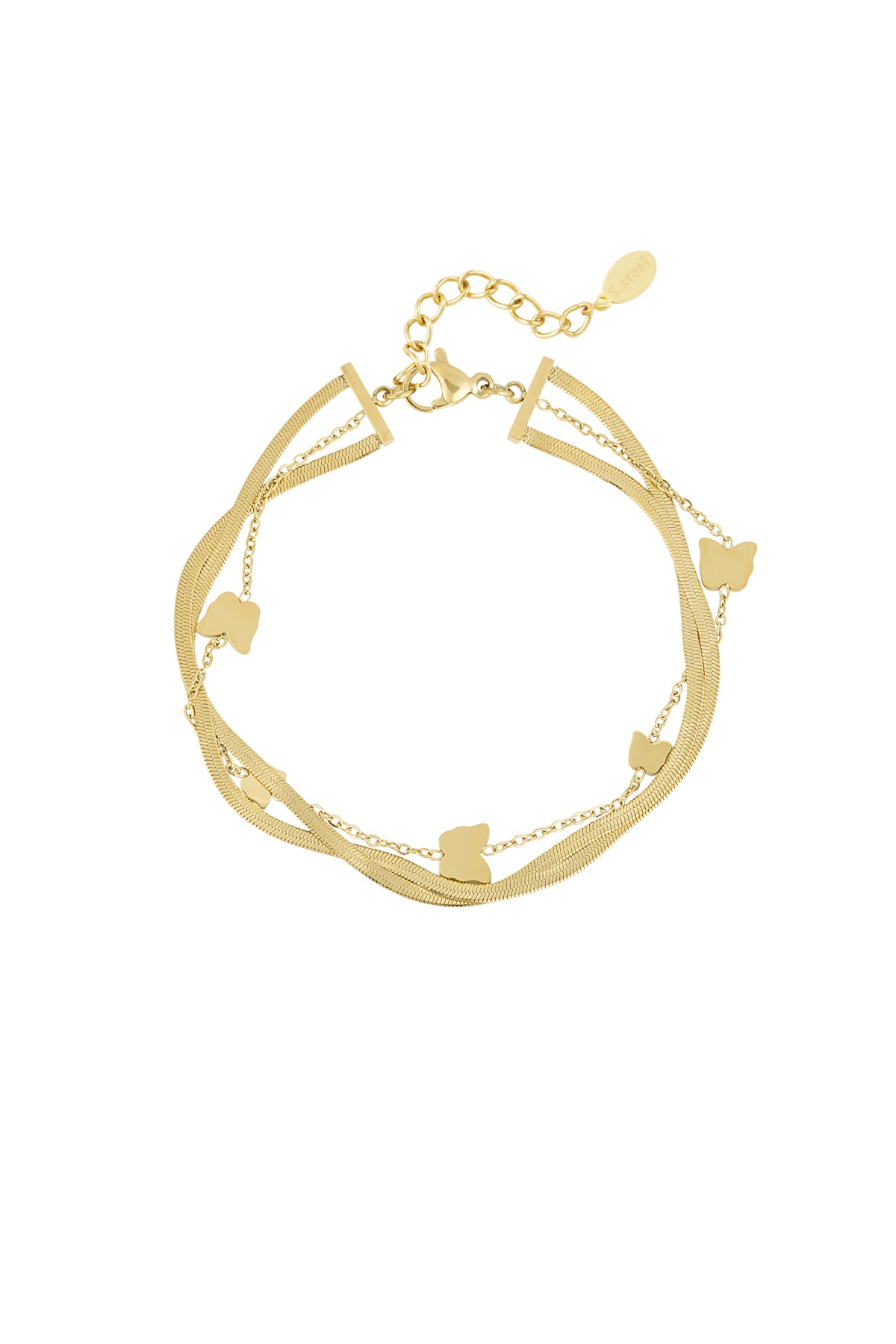 Gold butterfly charm bracelet with layered thin chains and adjustable clasp laid flat on white background