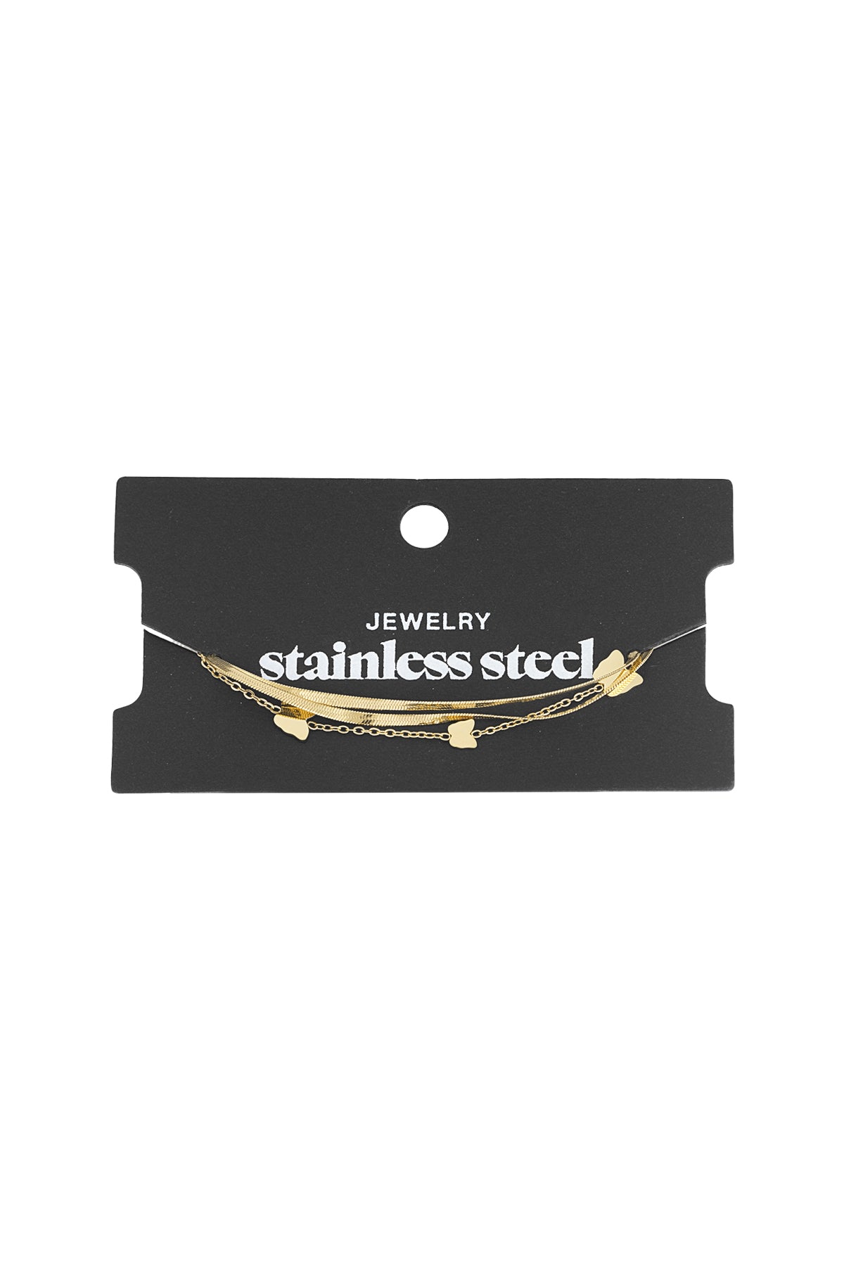 Butterfly charm bracelet displayed on a black packaging card labelled 'stainless steel' with gold tones