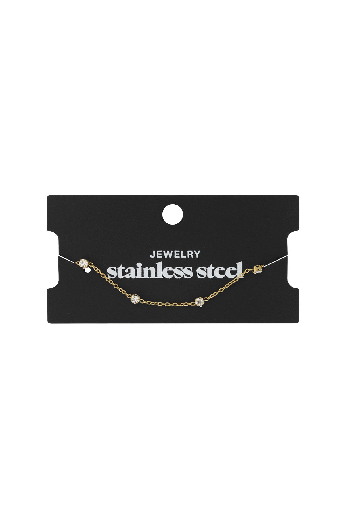 Gold crystal chain bracelet displayed attached to a black card labelled 'stainless steel jewellery'