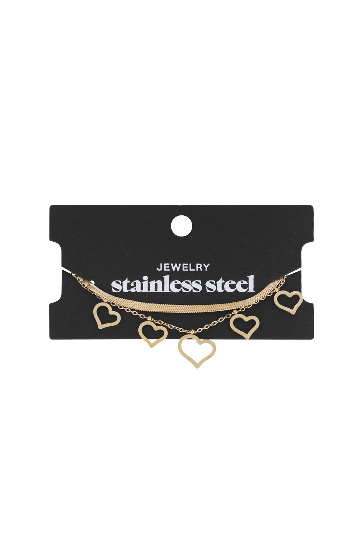 Heart charm bracelet in gold displayed on black retail card with stainless steel label