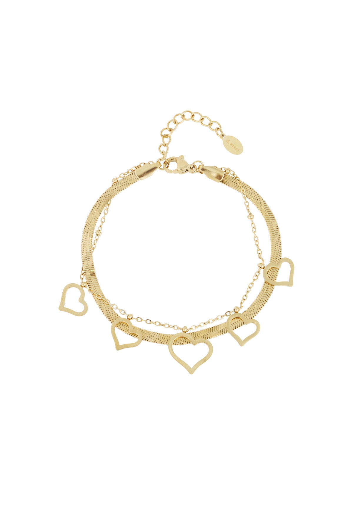 Gold heart charm bracelet with multiple heart-shaped pendants and herringbone chain on white background