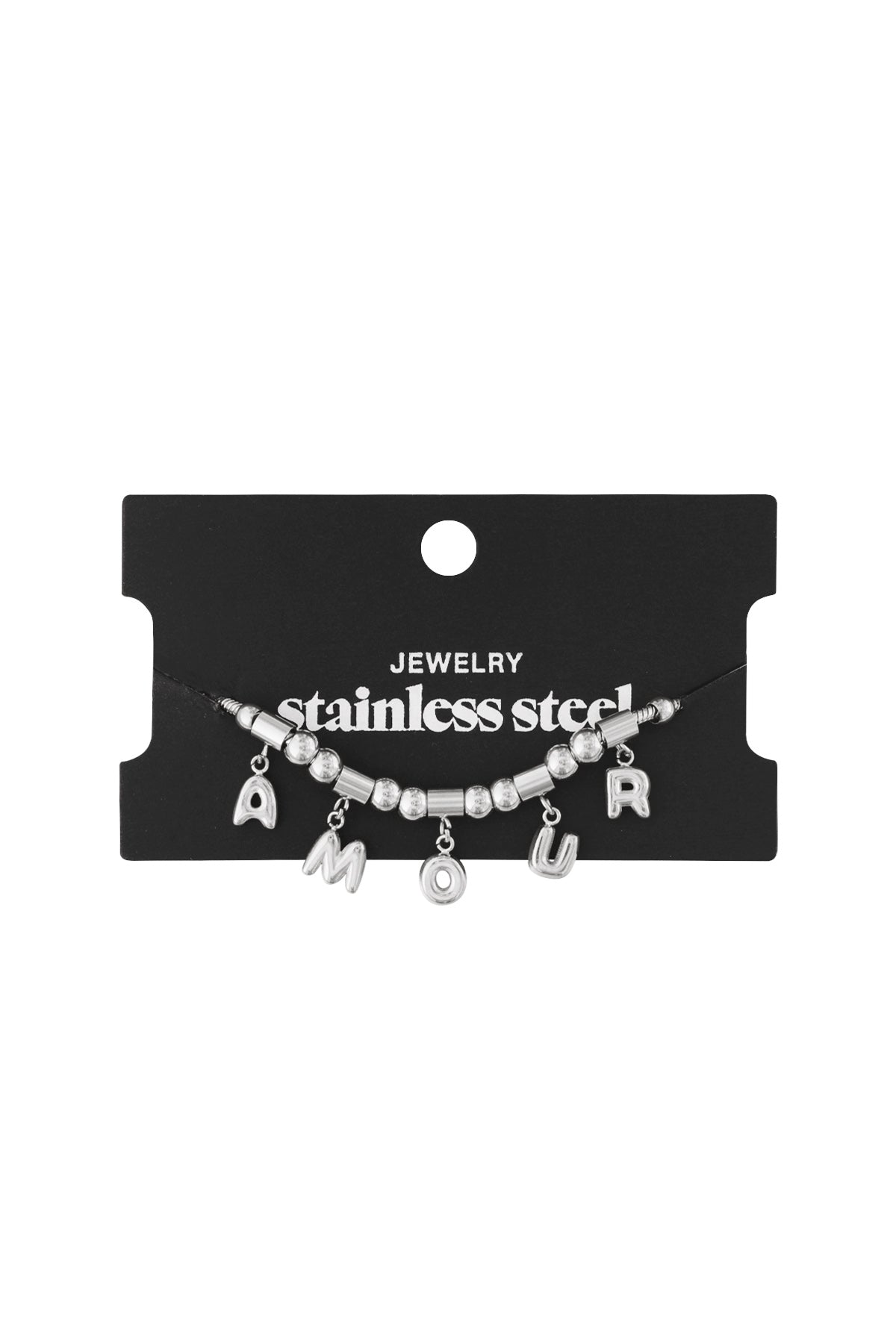 Silver stainless steel AMOUR charm bracelet displayed on black jewellery card with white writing