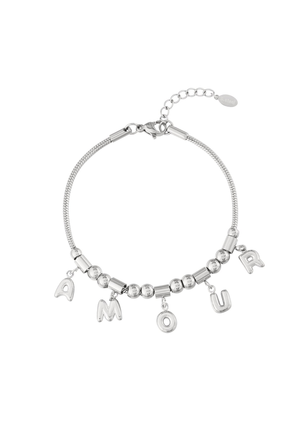 Silver stainless steel charm bracelet with AMOUR letter charms and beaded chain on a white background