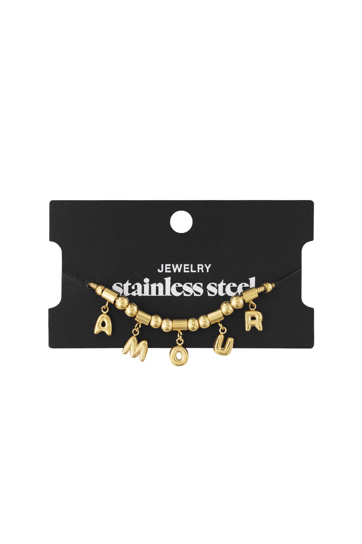Gold stainless steel AMOUR charm bracelet displayed on black jewellery card with white lettering