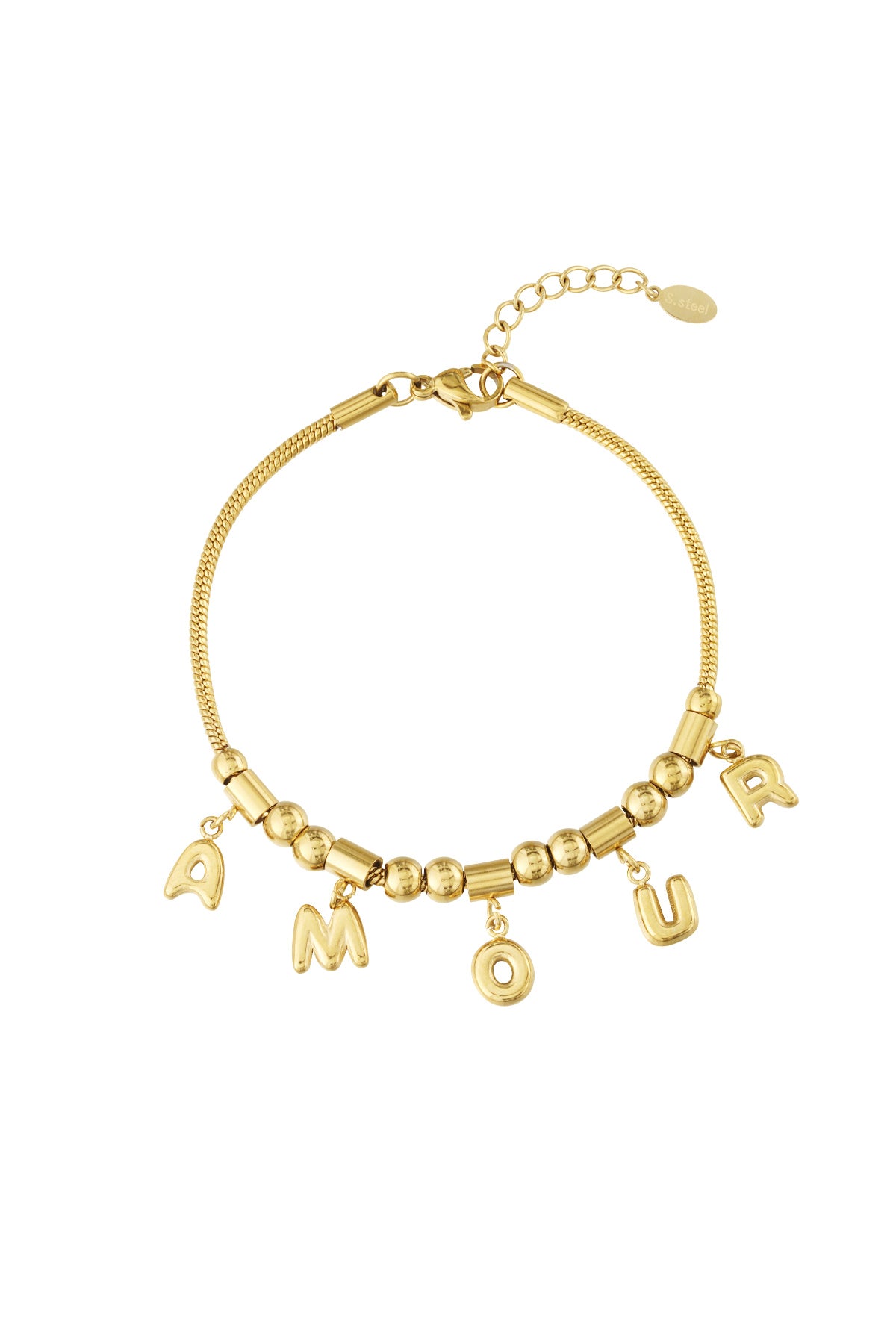 Gold-tone AMOUR charm bracelet with lobster clasp and extension chain displayed on white background