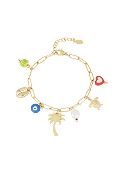 Gold-tone charm bracelet with a palm tree, turtle, heart, shell, evil eye and pearl charms on a delicate link chain.