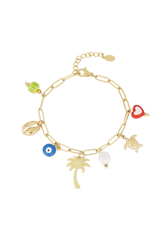 Gold-tone charm bracelet with a palm tree, turtle, heart, shell, evil eye and pearl charms on a delicate link chain.