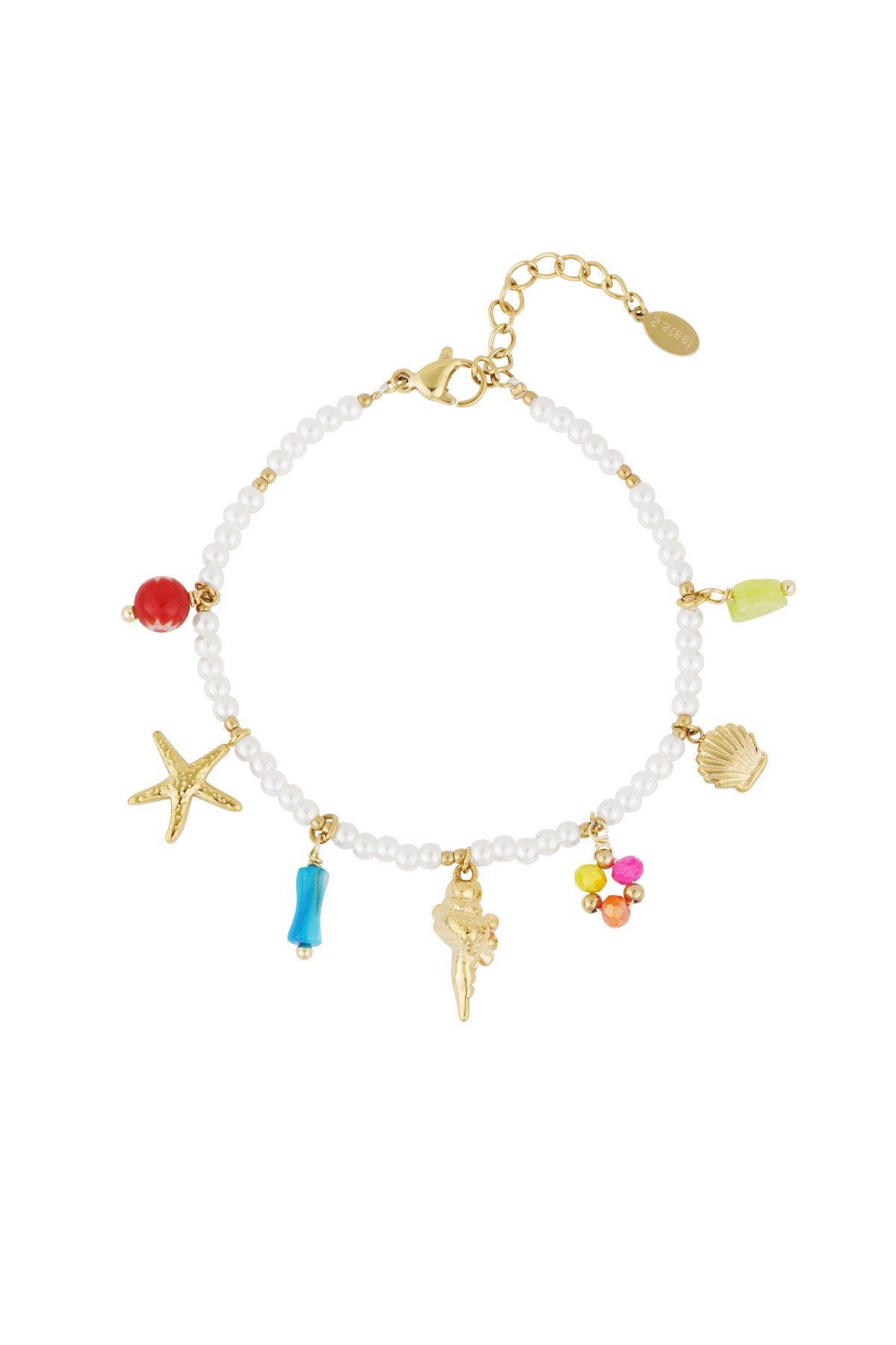 Charmed pearl bracelet with starfish, shell, coral, and colorful bead charms against a white background