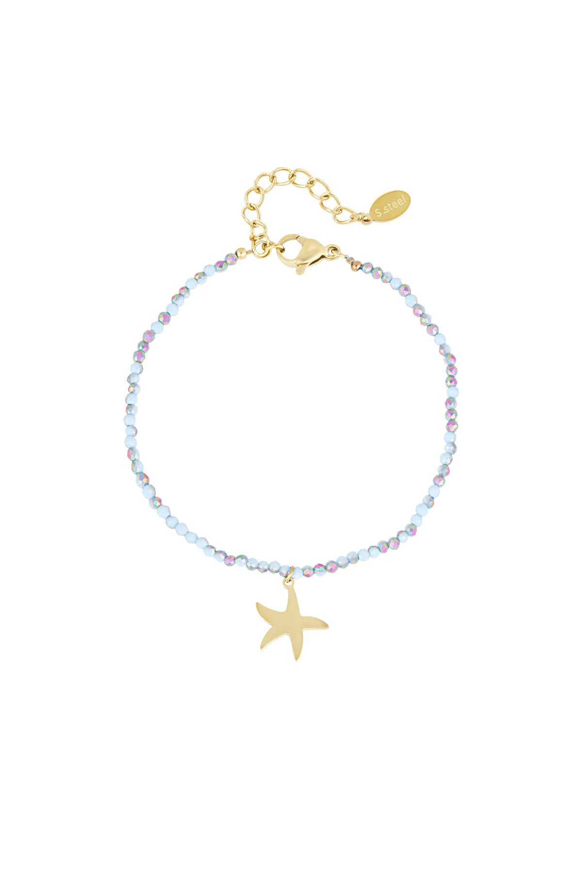Close-up of a delicate beaded bracelet with small blue and iridescent glass beads featuring a gold starfish charm and gold adjustable clasp.