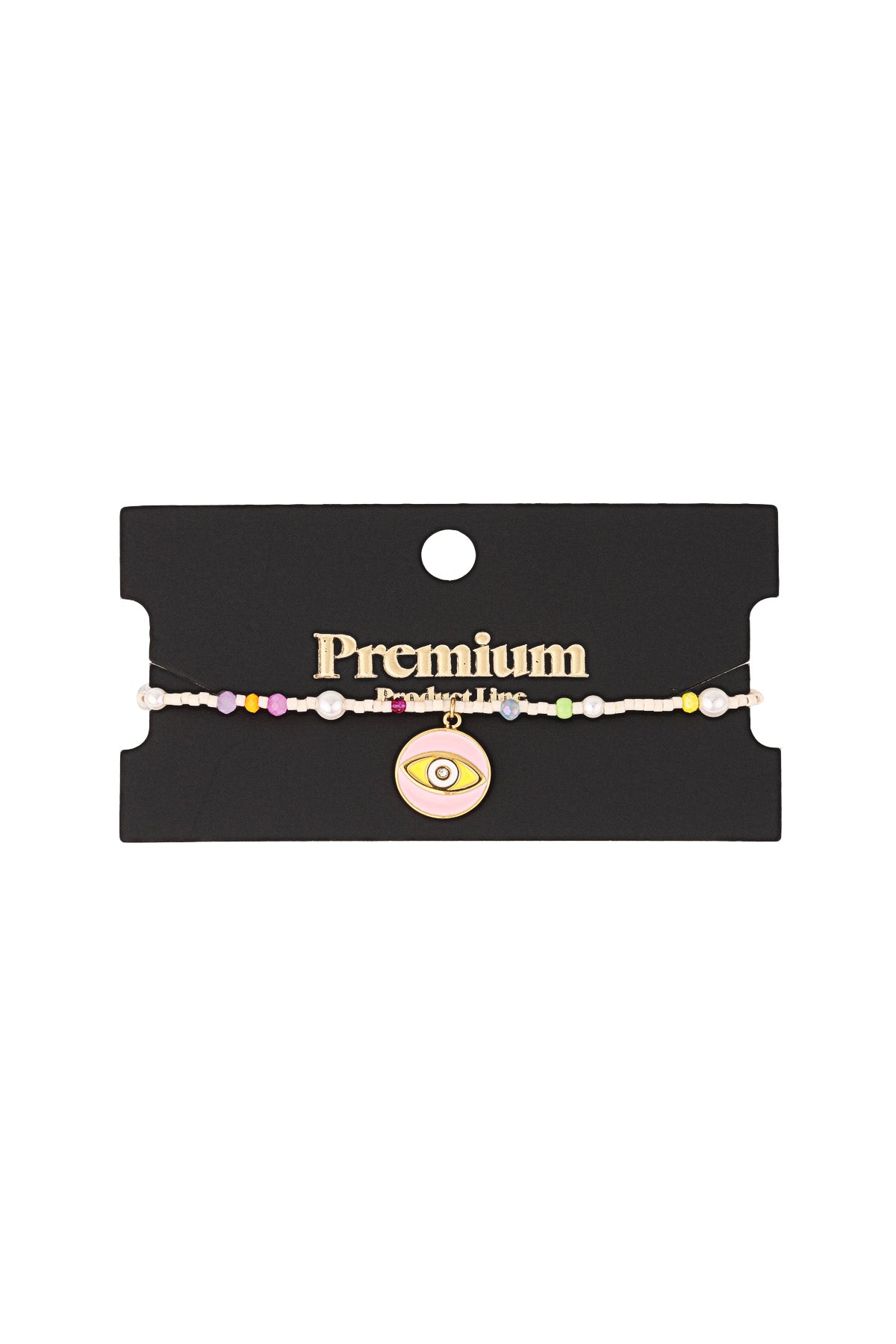 Beaded bracelet displayed on black premium product card showing colorful beads and eye charm