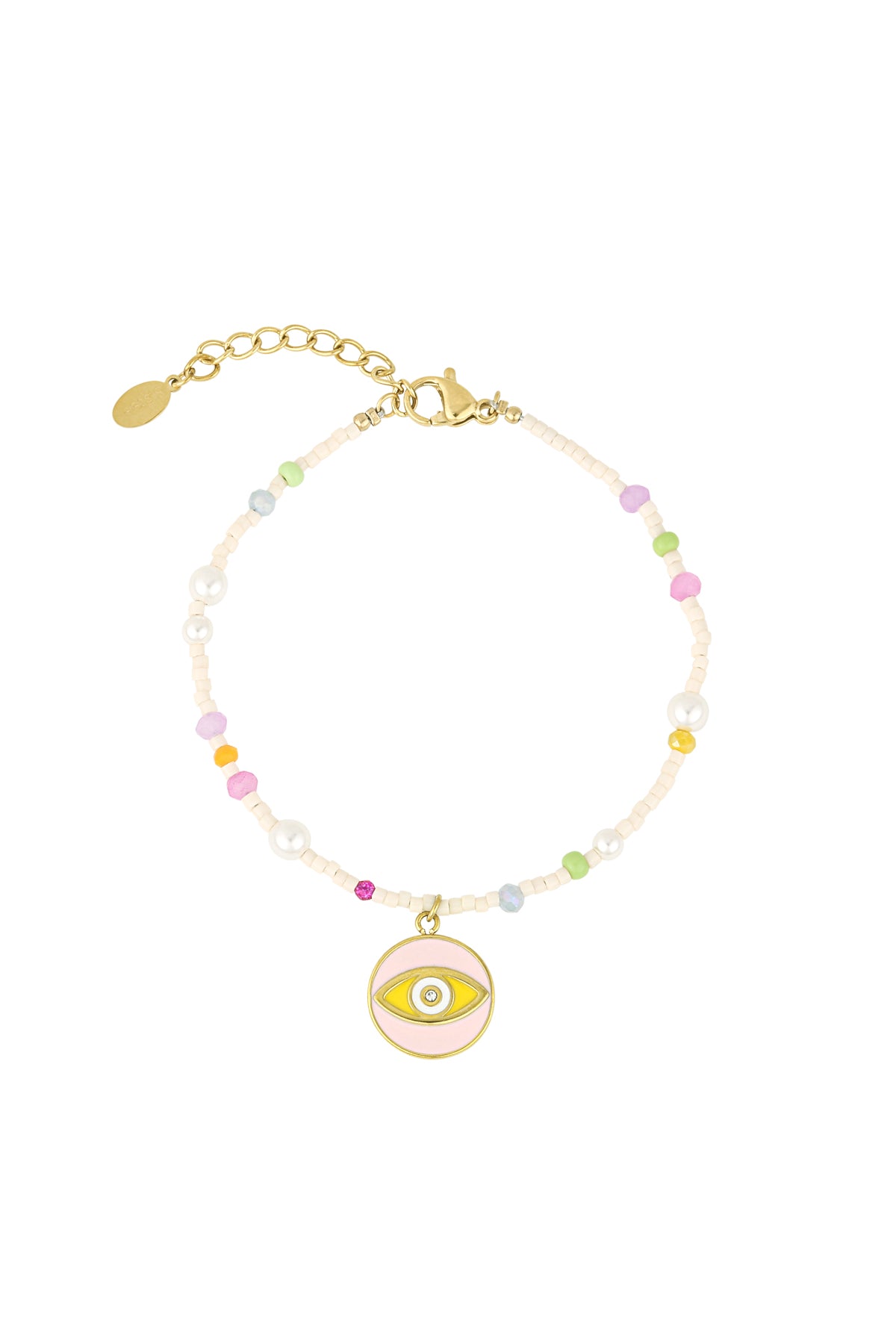 Pastel beaded bracelet with gold-tone circular eye charm on white background