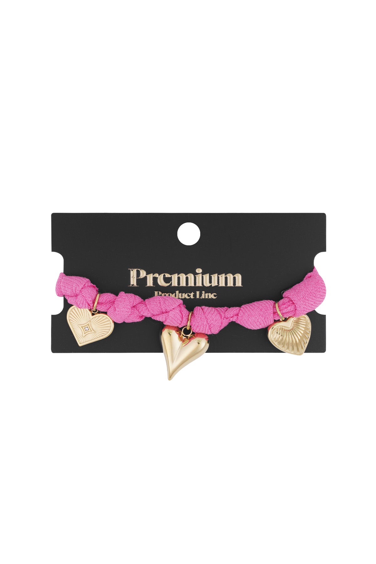 Pink braided heart charm bracelet displayed on black Premium Product Line card