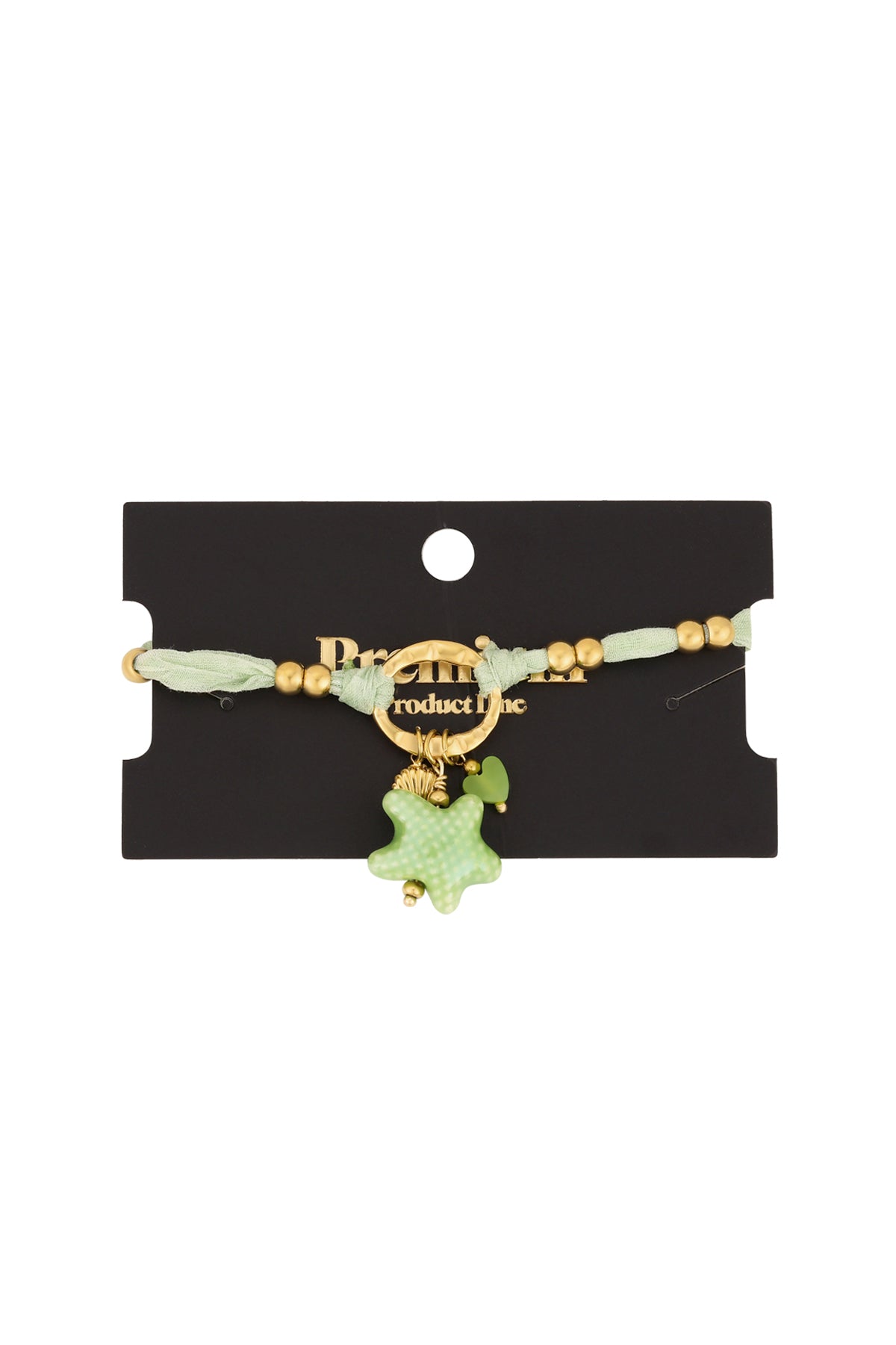Green fabric charm bracelet displayed on black product card with gold beads and charms